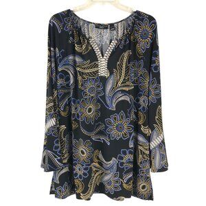 Susan Graver Artisan Liquid Knit Top Bell Sleeve Floral Stretch Quiet Luxury